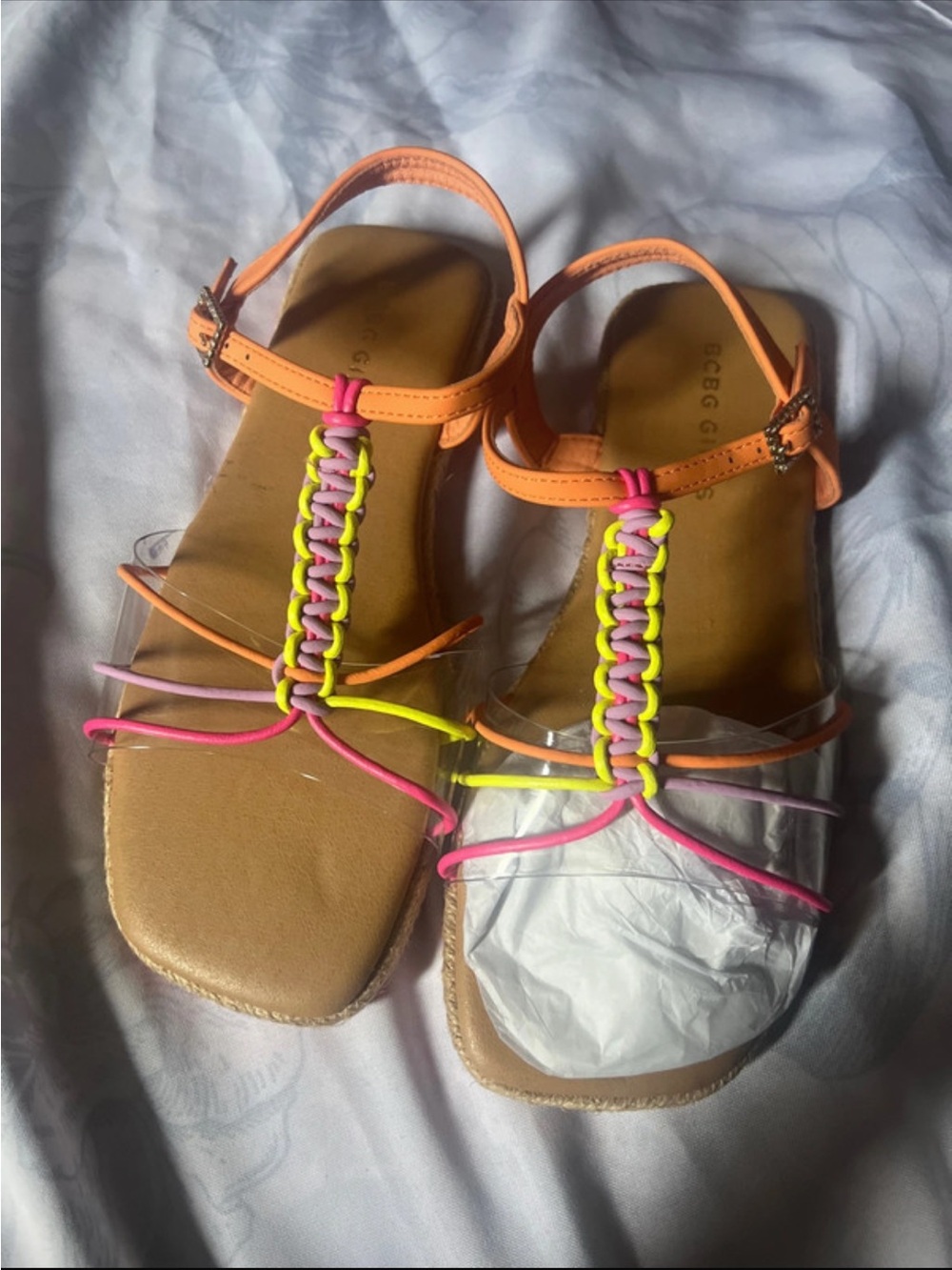 BCBG Orange Sandals with Neon Pink & Neon Yellow Braided T-Straps